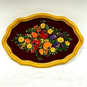 Vintage wood serving tray hand painted with floral bouquet design